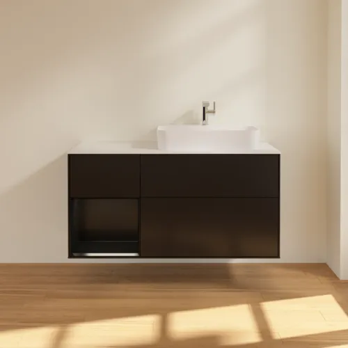 Bild von VILLEROY BOCH Finion Waschbeckenunterschrank, mit Beleuchtung, 3 Auszüge, 1200 x 603 x 501 mm, Black Matt Lacquer / Black Matt Lacquer / Glass White Matt #F391PDPD