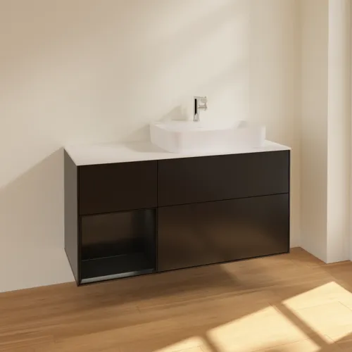 Bild von VILLEROY BOCH Finion Waschbeckenunterschrank, mit Beleuchtung, 3 Auszüge, 1200 x 603 x 501 mm, Black Matt Lacquer / Black Matt Lacquer / Glass White Matt #F391PDPD
