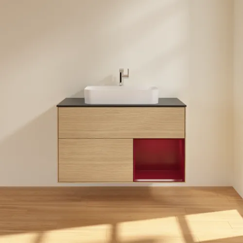 VILLEROY BOCH Finion Waschbeckenunterschrank, mit Beleuchtung, 2 Auszüge, 1000 x 603 x 501 mm, Oak Veneer / Peony Matt Lacquer / Glass Black Matt #F372HBPC, Bild 3