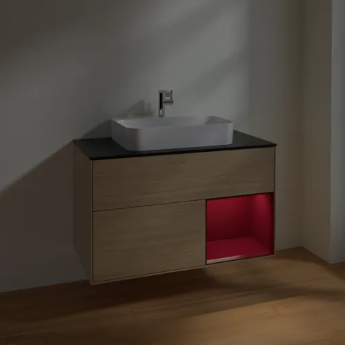 VILLEROY BOCH Finion Waschbeckenunterschrank, mit Beleuchtung, 2 Auszüge, 1000 x 603 x 501 mm, Oak Veneer / Peony Matt Lacquer / Glass Black Matt #F372HBPC, Bild 5