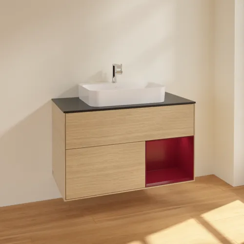 VILLEROY BOCH Finion Waschbeckenunterschrank, mit Beleuchtung, 2 Auszüge, 1000 x 603 x 501 mm, Oak Veneer / Peony Matt Lacquer / Glass Black Matt #F372HBPC, Bild 2