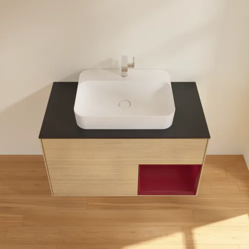 VILLEROY BOCH Finion Waschbeckenunterschrank, mit Beleuchtung, 2 Auszüge, 1000 x 603 x 501 mm, Oak Veneer / Peony Matt Lacquer / Glass Black Matt #F372HBPC, Bild 4