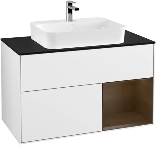 VILLEROY BOCH Finion Vanity unit, with lighting, 2 pull-out compartments, 1000 x 603 x 501 mm, Glossy White Lacquer / Walnut Veneer / Glass Black Matt #F372GNGF resmi