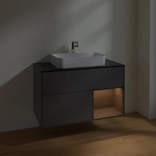 Bild von VILLEROY BOCH Finion Waschbeckenunterschrank, mit Beleuchtung, 2 Auszüge, 1000 x 603 x 501 mm, Anthracite Matt Lacquer / Walnut Veneer / Glass Black Matt #F372GNGK