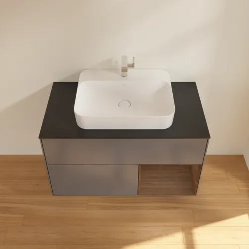 Bild von VILLEROY BOCH Finion Waschbeckenunterschrank, mit Beleuchtung, 2 Auszüge, 1000 x 603 x 501 mm, Anthracite Matt Lacquer / Walnut Veneer / Glass Black Matt #F372GNGK