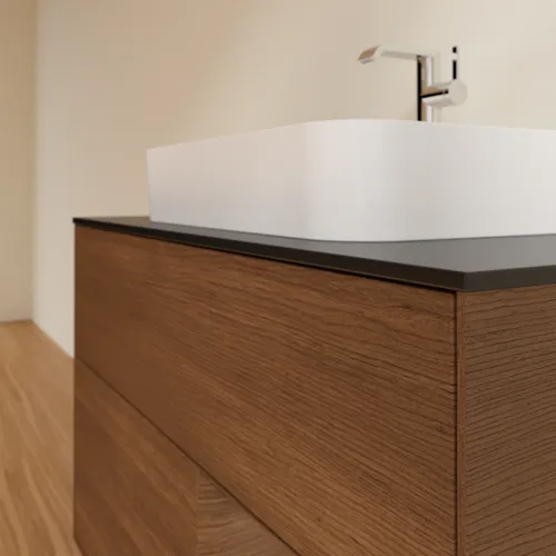 Bild von VILLEROY BOCH Finion Waschbeckenunterschrank, mit Beleuchtung, 2 Auszüge, 1000 x 603 x 501 mm, Walnut Veneer / Walnut Veneer / Glass Black Matt #F372GNGN