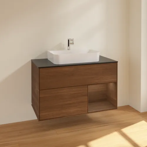 Bild von VILLEROY BOCH Finion Waschbeckenunterschrank, mit Beleuchtung, 2 Auszüge, 1000 x 603 x 501 mm, Walnut Veneer / Walnut Veneer / Glass Black Matt #F372GNGN
