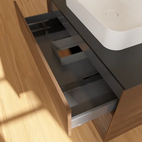 Bild von VILLEROY BOCH Finion Waschbeckenunterschrank, mit Beleuchtung, 2 Auszüge, 1000 x 603 x 501 mm, Walnut Veneer / Walnut Veneer / Glass Black Matt #F372GNGN