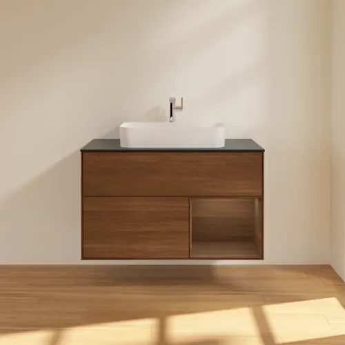 Bild von VILLEROY BOCH Finion Waschbeckenunterschrank, mit Beleuchtung, 2 Auszüge, 1000 x 603 x 501 mm, Walnut Veneer / Walnut Veneer / Glass Black Matt #F372GNGN