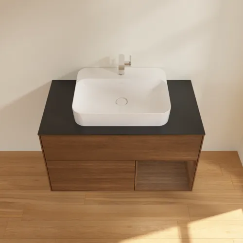 Bild von VILLEROY BOCH Finion Waschbeckenunterschrank, mit Beleuchtung, 2 Auszüge, 1000 x 603 x 501 mm, Walnut Veneer / Walnut Veneer / Glass Black Matt #F372GNGN