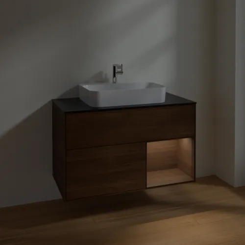 Bild von VILLEROY BOCH Finion Waschbeckenunterschrank, mit Beleuchtung, 2 Auszüge, 1000 x 603 x 501 mm, Walnut Veneer / Walnut Veneer / Glass Black Matt #F372GNGN