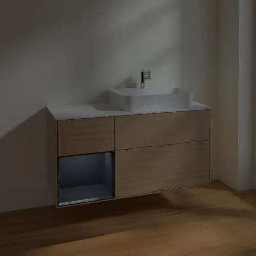 VILLEROY BOCH Finion Waschbeckenunterschrank, mit Beleuchtung, 3 Auszüge, 1200 x 603 x 501 mm, Oak Veneer / Midnight Blue Matt Lacquer / Glass White Matt #F391HGPC, Bild 5