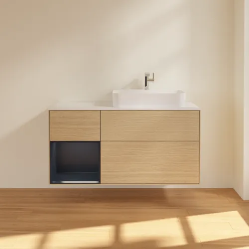 VILLEROY BOCH Finion Waschbeckenunterschrank, mit Beleuchtung, 3 Auszüge, 1200 x 603 x 501 mm, Oak Veneer / Midnight Blue Matt Lacquer / Glass White Matt #F391HGPC, Bild 3
