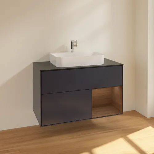 Bild von VILLEROY BOCH Finion Waschbeckenunterschrank, mit Beleuchtung, 2 Auszüge, 1000 x 603 x 501 mm, Midnight Blue Matt Lacquer / Walnut Veneer / Glass Black Matt #F372GNHG