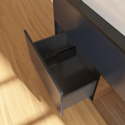 Bild von VILLEROY BOCH Finion Waschbeckenunterschrank, mit Beleuchtung, 2 Auszüge, 1000 x 603 x 501 mm, Midnight Blue Matt Lacquer / Walnut Veneer / Glass Black Matt #F372GNHG