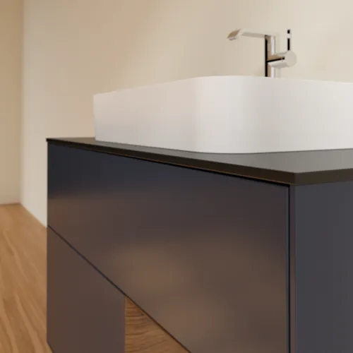 Bild von VILLEROY BOCH Finion Waschbeckenunterschrank, mit Beleuchtung, 2 Auszüge, 1000 x 603 x 501 mm, Midnight Blue Matt Lacquer / Walnut Veneer / Glass Black Matt #F372GNHG