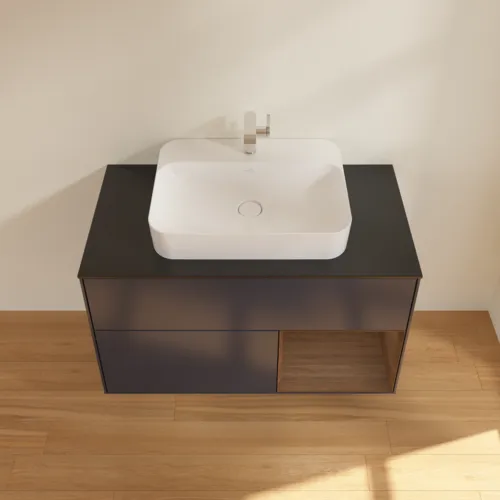Bild von VILLEROY BOCH Finion Waschbeckenunterschrank, mit Beleuchtung, 2 Auszüge, 1000 x 603 x 501 mm, Midnight Blue Matt Lacquer / Walnut Veneer / Glass Black Matt #F372GNHG
