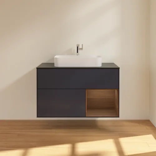 Bild von VILLEROY BOCH Finion Waschbeckenunterschrank, mit Beleuchtung, 2 Auszüge, 1000 x 603 x 501 mm, Midnight Blue Matt Lacquer / Walnut Veneer / Glass Black Matt #F372GNHG
