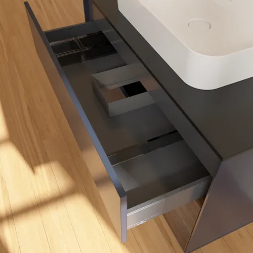 Bild von VILLEROY BOCH Finion Waschbeckenunterschrank, mit Beleuchtung, 2 Auszüge, 1000 x 603 x 501 mm, Midnight Blue Matt Lacquer / Walnut Veneer / Glass Black Matt #F372GNHG