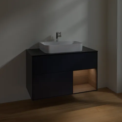 Bild von VILLEROY BOCH Finion Waschbeckenunterschrank, mit Beleuchtung, 2 Auszüge, 1000 x 603 x 501 mm, Midnight Blue Matt Lacquer / Walnut Veneer / Glass Black Matt #F372GNHG