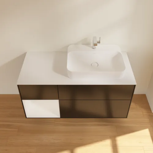 Bild von VILLEROY BOCH Finion Waschbeckenunterschrank, mit Beleuchtung, 3 Auszüge, 1200 x 603 x 501 mm, Black Matt Lacquer / Glossy White Lacquer / Glass White Matt #F391GFPD