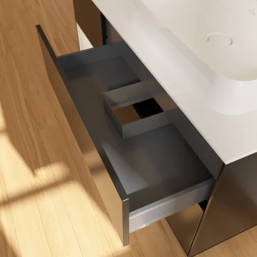 Bild von VILLEROY BOCH Finion Waschbeckenunterschrank, mit Beleuchtung, 3 Auszüge, 1200 x 603 x 501 mm, Black Matt Lacquer / Glossy White Lacquer / Glass White Matt #F391GFPD