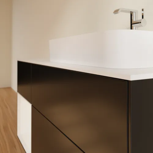 Bild von VILLEROY BOCH Finion Waschbeckenunterschrank, mit Beleuchtung, 3 Auszüge, 1200 x 603 x 501 mm, Black Matt Lacquer / Glossy White Lacquer / Glass White Matt #F391GFPD