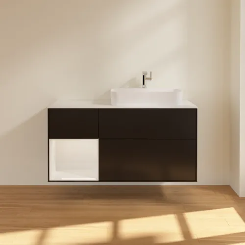 Bild von VILLEROY BOCH Finion Waschbeckenunterschrank, mit Beleuchtung, 3 Auszüge, 1200 x 603 x 501 mm, Black Matt Lacquer / Glossy White Lacquer / Glass White Matt #F391GFPD