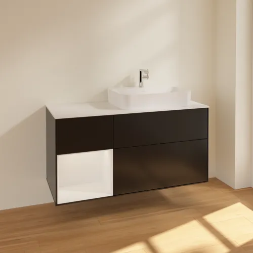 Bild von VILLEROY BOCH Finion Waschbeckenunterschrank, mit Beleuchtung, 3 Auszüge, 1200 x 603 x 501 mm, Black Matt Lacquer / Glossy White Lacquer / Glass White Matt #F391GFPD