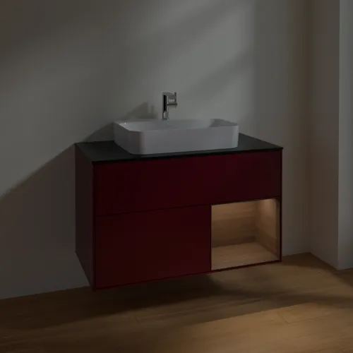 Bild von VILLEROY BOCH Finion Waschbeckenunterschrank, mit Beleuchtung, 2 Auszüge, 1000 x 603 x 501 mm, Peony Matt Lacquer / Walnut Veneer / Glass Black Matt #F372GNHB