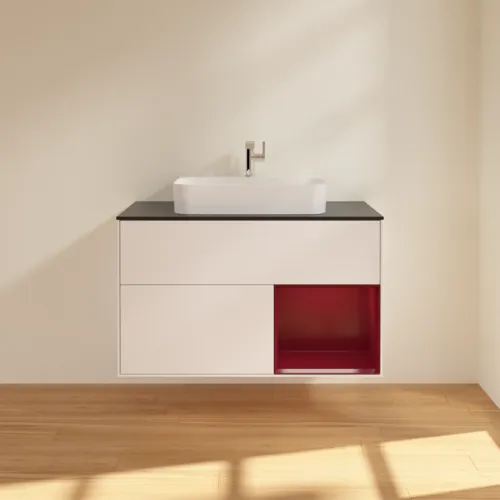 Bild von VILLEROY BOCH Finion Waschbeckenunterschrank, mit Beleuchtung, 2 Auszüge, 1000 x 603 x 501 mm, White Matt Lacquer / Peony Matt Lacquer / Glass Black Matt #F372HBMT