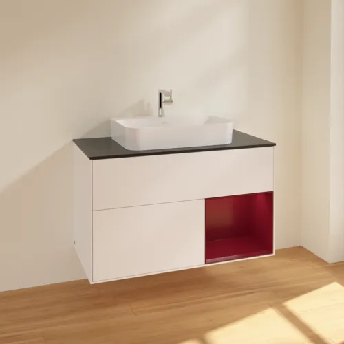 Bild von VILLEROY BOCH Finion Waschbeckenunterschrank, mit Beleuchtung, 2 Auszüge, 1000 x 603 x 501 mm, White Matt Lacquer / Peony Matt Lacquer / Glass Black Matt #F372HBMT