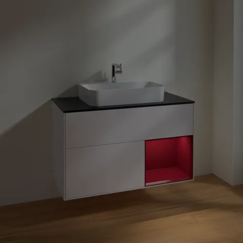 Bild von VILLEROY BOCH Finion Waschbeckenunterschrank, mit Beleuchtung, 2 Auszüge, 1000 x 603 x 501 mm, White Matt Lacquer / Peony Matt Lacquer / Glass Black Matt #F372HBMT