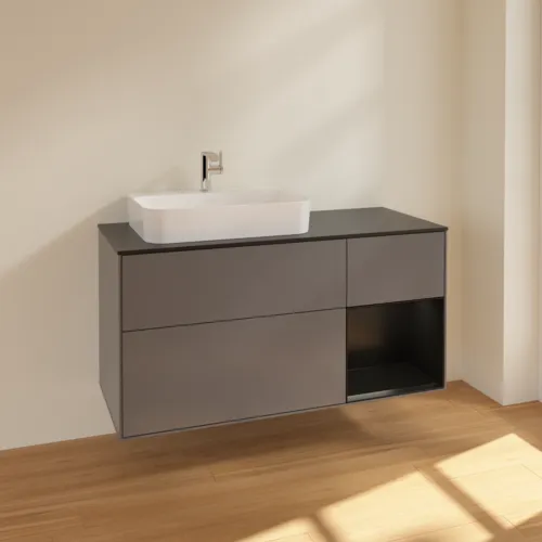 VILLEROY BOCH Finion Waschbeckenunterschrank, mit Beleuchtung, 3 Auszüge, 1200 x 603 x 501 mm, Anthracite Matt Lacquer / Black Matt Lacquer / Glass Black Matt #F402PDGK, Bild 2