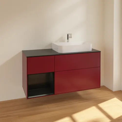 Obrázek VILLEROY BOCH Toaletní skříňka Finion, s osvětlením, 3 výsuvy, 1200 x 603 x 501 mm, Peony Matt Lacquer / Black Matt Lacquer / Glass Black Matt #F392PDHB