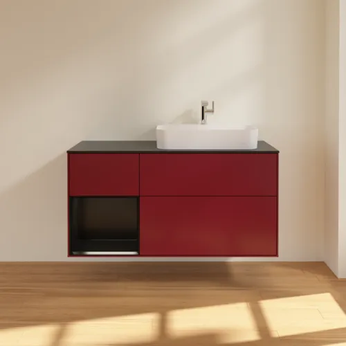 Obrázek VILLEROY BOCH Toaletní skříňka Finion, s osvětlením, 3 výsuvy, 1200 x 603 x 501 mm, Peony Matt Lacquer / Black Matt Lacquer / Glass Black Matt #F392PDHB
