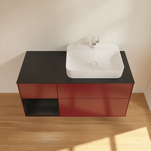 Obrázek VILLEROY BOCH Toaletní skříňka Finion, s osvětlením, 3 výsuvy, 1200 x 603 x 501 mm, Peony Matt Lacquer / Black Matt Lacquer / Glass Black Matt #F392PDHB