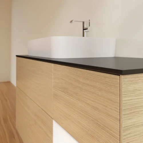 Bild von VILLEROY BOCH Finion Waschbeckenunterschrank, mit Beleuchtung, 3 Auszüge, 1200 x 603 x 501 mm, Oak Veneer / White Matt Lacquer / Glass Black Matt #F402MTPC