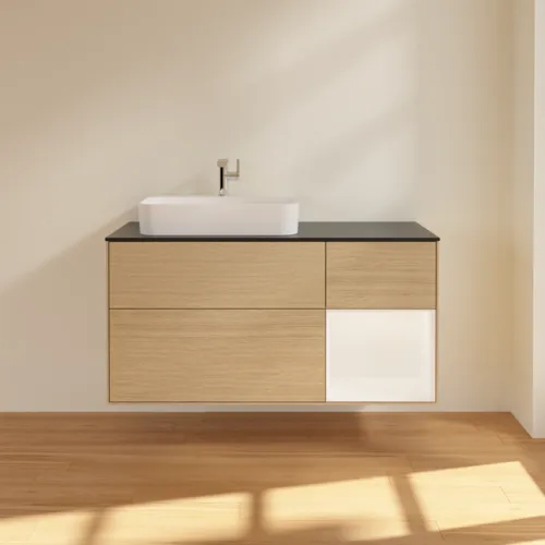 Bild von VILLEROY BOCH Finion Waschbeckenunterschrank, mit Beleuchtung, 3 Auszüge, 1200 x 603 x 501 mm, Oak Veneer / White Matt Lacquer / Glass Black Matt #F402MTPC