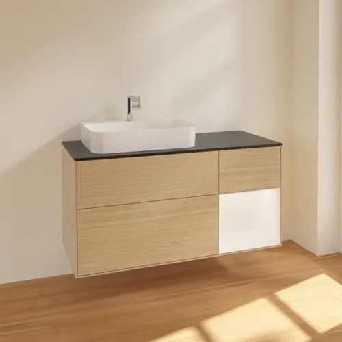 Bild von VILLEROY BOCH Finion Waschbeckenunterschrank, mit Beleuchtung, 3 Auszüge, 1200 x 603 x 501 mm, Oak Veneer / White Matt Lacquer / Glass Black Matt #F402MTPC