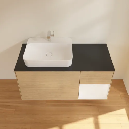 Bild von VILLEROY BOCH Finion Waschbeckenunterschrank, mit Beleuchtung, 3 Auszüge, 1200 x 603 x 501 mm, Oak Veneer / White Matt Lacquer / Glass Black Matt #F402MTPC