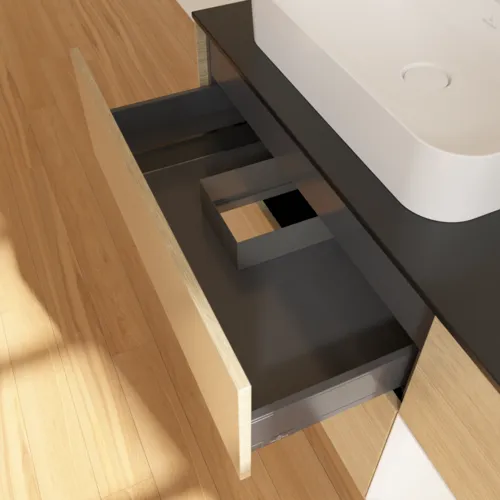 Bild von VILLEROY BOCH Finion Waschbeckenunterschrank, mit Beleuchtung, 3 Auszüge, 1200 x 603 x 501 mm, Oak Veneer / White Matt Lacquer / Glass Black Matt #F402MTPC