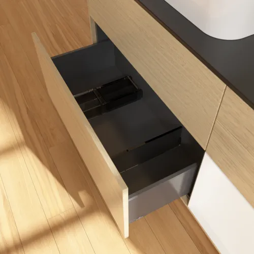 Bild von VILLEROY BOCH Finion Waschbeckenunterschrank, mit Beleuchtung, 3 Auszüge, 1200 x 603 x 501 mm, Oak Veneer / White Matt Lacquer / Glass Black Matt #F402MTPC