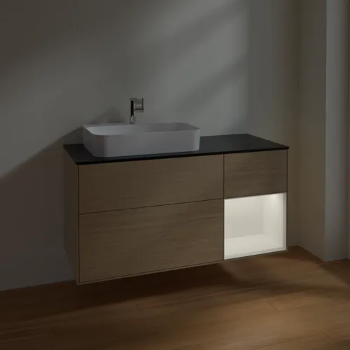 Bild von VILLEROY BOCH Finion Waschbeckenunterschrank, mit Beleuchtung, 3 Auszüge, 1200 x 603 x 501 mm, Oak Veneer / White Matt Lacquer / Glass Black Matt #F402MTPC
