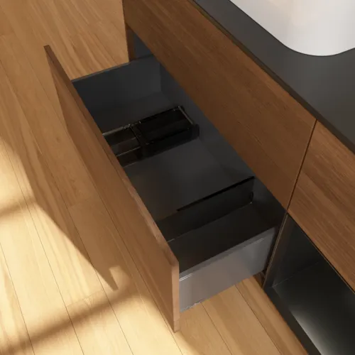 VILLEROY BOCH Finion Waschbeckenunterschrank, mit Beleuchtung, 3 Auszüge, 1200 x 603 x 501 mm, Walnut Veneer / Black Matt Lacquer / Glass Black Matt #F402PDGN, Bild 7