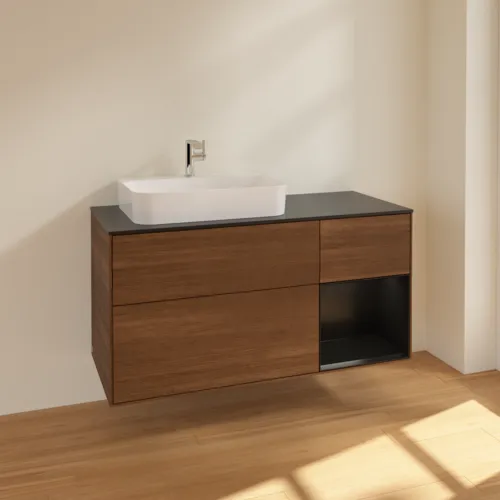 VILLEROY BOCH Finion Waschbeckenunterschrank, mit Beleuchtung, 3 Auszüge, 1200 x 603 x 501 mm, Walnut Veneer / Black Matt Lacquer / Glass Black Matt #F402PDGN, Bild 2