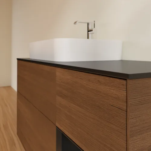 VILLEROY BOCH Finion Waschbeckenunterschrank, mit Beleuchtung, 3 Auszüge, 1200 x 603 x 501 mm, Walnut Veneer / Black Matt Lacquer / Glass Black Matt #F402PDGN, Bild 6