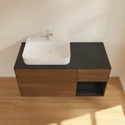 VILLEROY BOCH Finion Waschbeckenunterschrank, mit Beleuchtung, 3 Auszüge, 1200 x 603 x 501 mm, Walnut Veneer / Black Matt Lacquer / Glass Black Matt #F402PDGN, Bild 4