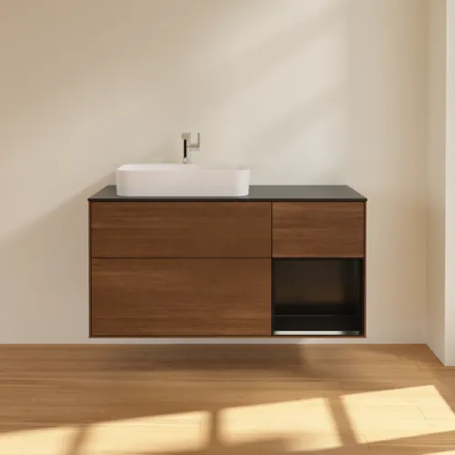 VILLEROY BOCH Finion Waschbeckenunterschrank, mit Beleuchtung, 3 Auszüge, 1200 x 603 x 501 mm, Walnut Veneer / Black Matt Lacquer / Glass Black Matt #F402PDGN, Bild 3