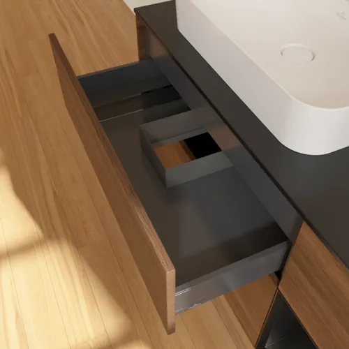 VILLEROY BOCH Finion Waschbeckenunterschrank, mit Beleuchtung, 3 Auszüge, 1200 x 603 x 501 mm, Walnut Veneer / Black Matt Lacquer / Glass Black Matt #F402PDGN, Bild 8